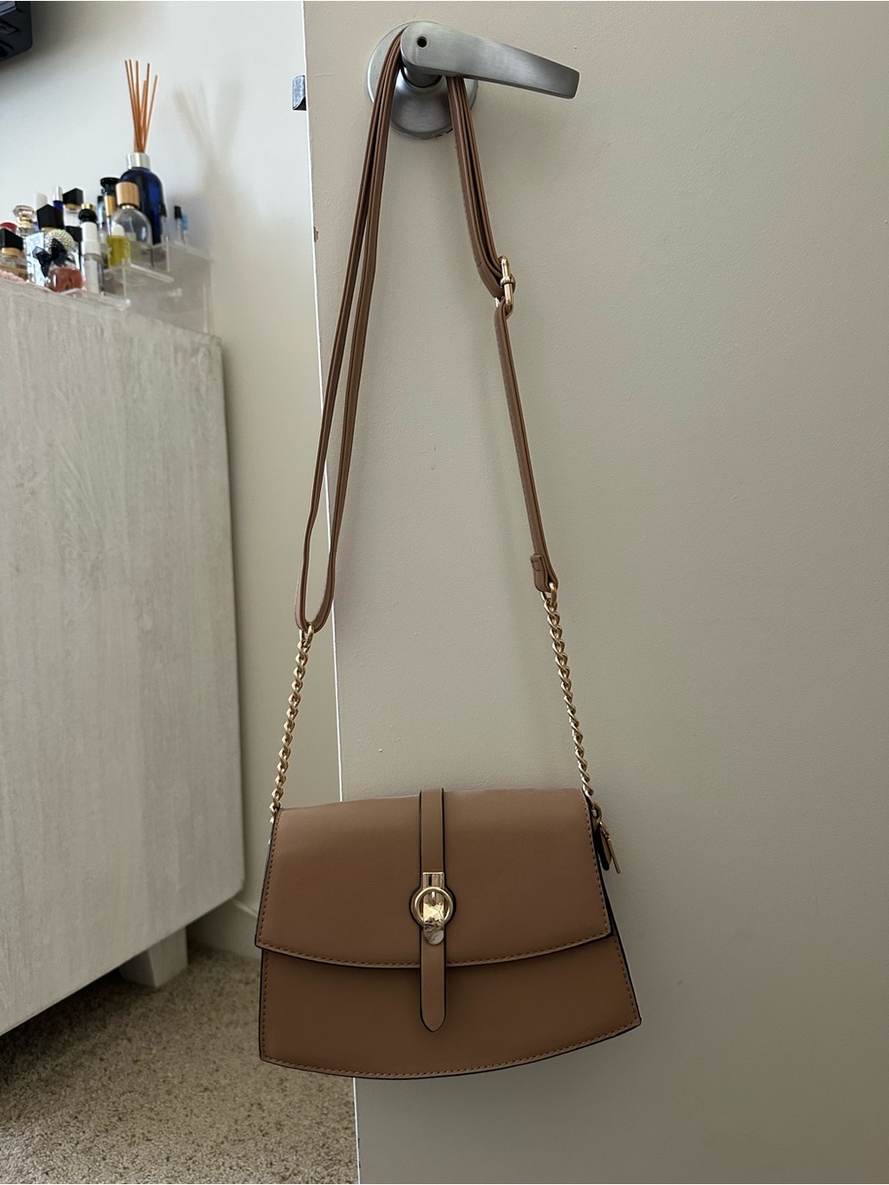 Classic Tan Crossbody Bag with Gold Hardware